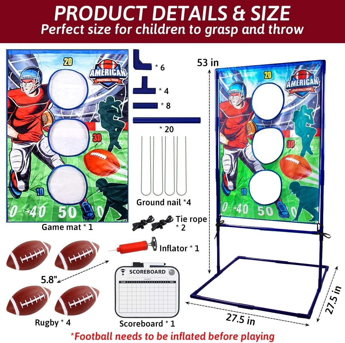 Football Toss Game with 4 Inflatable Balls, Football Throwing Target Games for B