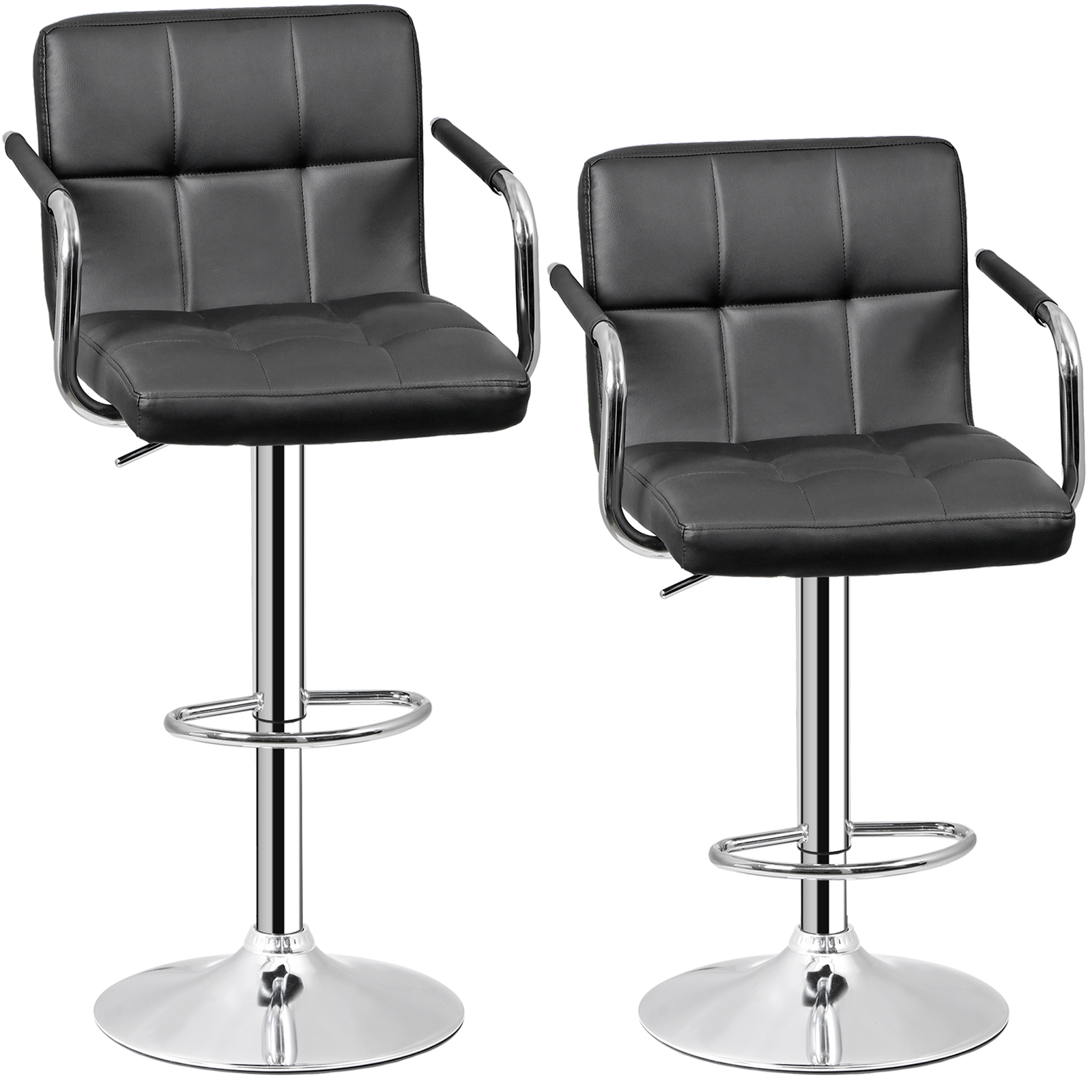 Modern PU Leather Bar Stools Set of 2 Adjustable Swivel Barstools w/ Back & Arms