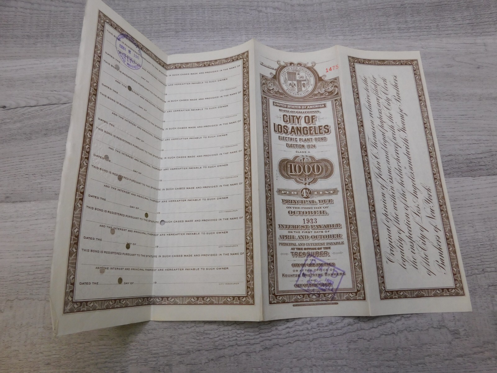 Vintage 1924 California City of Los Angeles Electric Plant Bond Election No 1475