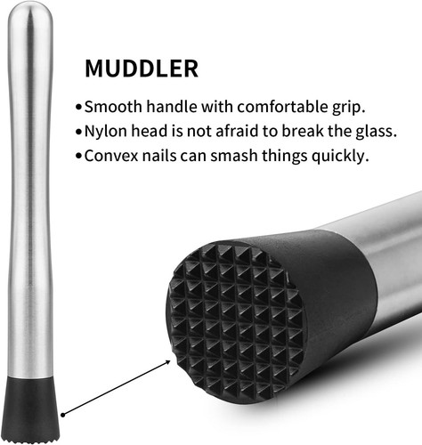tifanso Muddler for Cocktails, 10" and Long Handle Bar Silver
