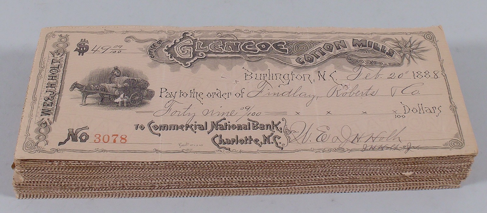 WHOLESALE Lot 100 Bank Checks Glencoe Cotton Mills Burlington, NC 1880's/1890s