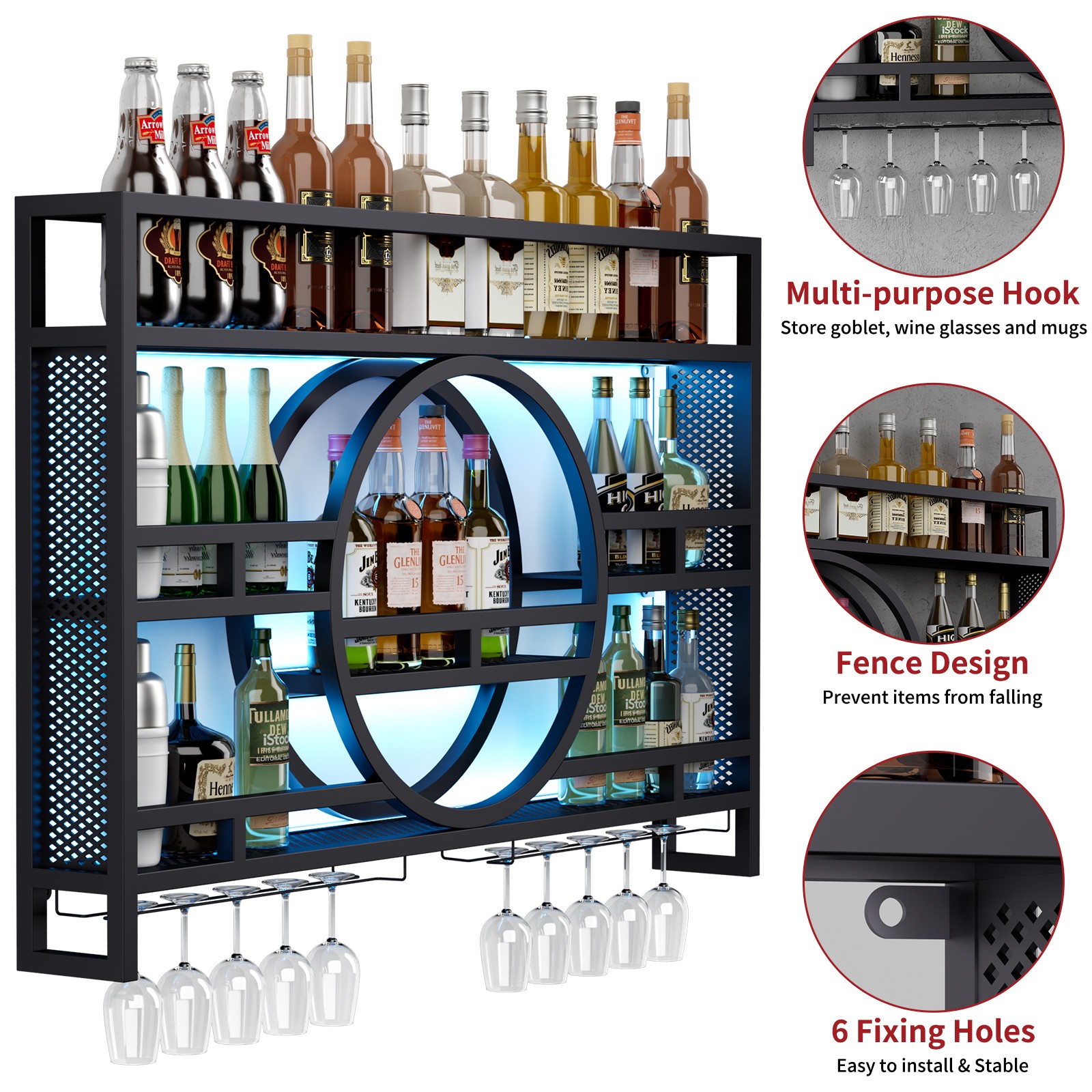 Wall Mounted LED Wine Rack Metal Floating Liquor Display Shelf w/ Glass Holder