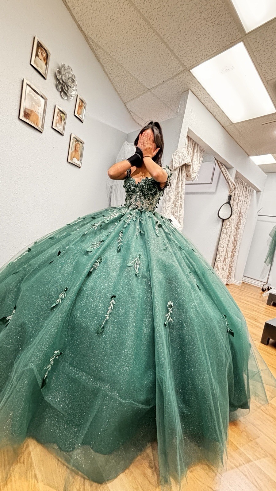 Green Off-Shoulder Ball Gown Dress with Floral Embellishments for Quinceañera