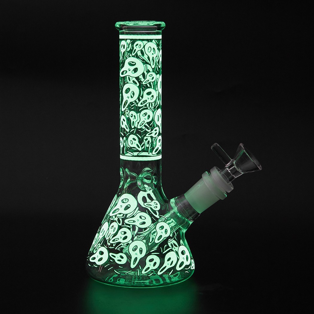 7.8" Skull Fluorescent Glass Bong Glass Water Pipe Smoking Tobacco Beaker 14MM