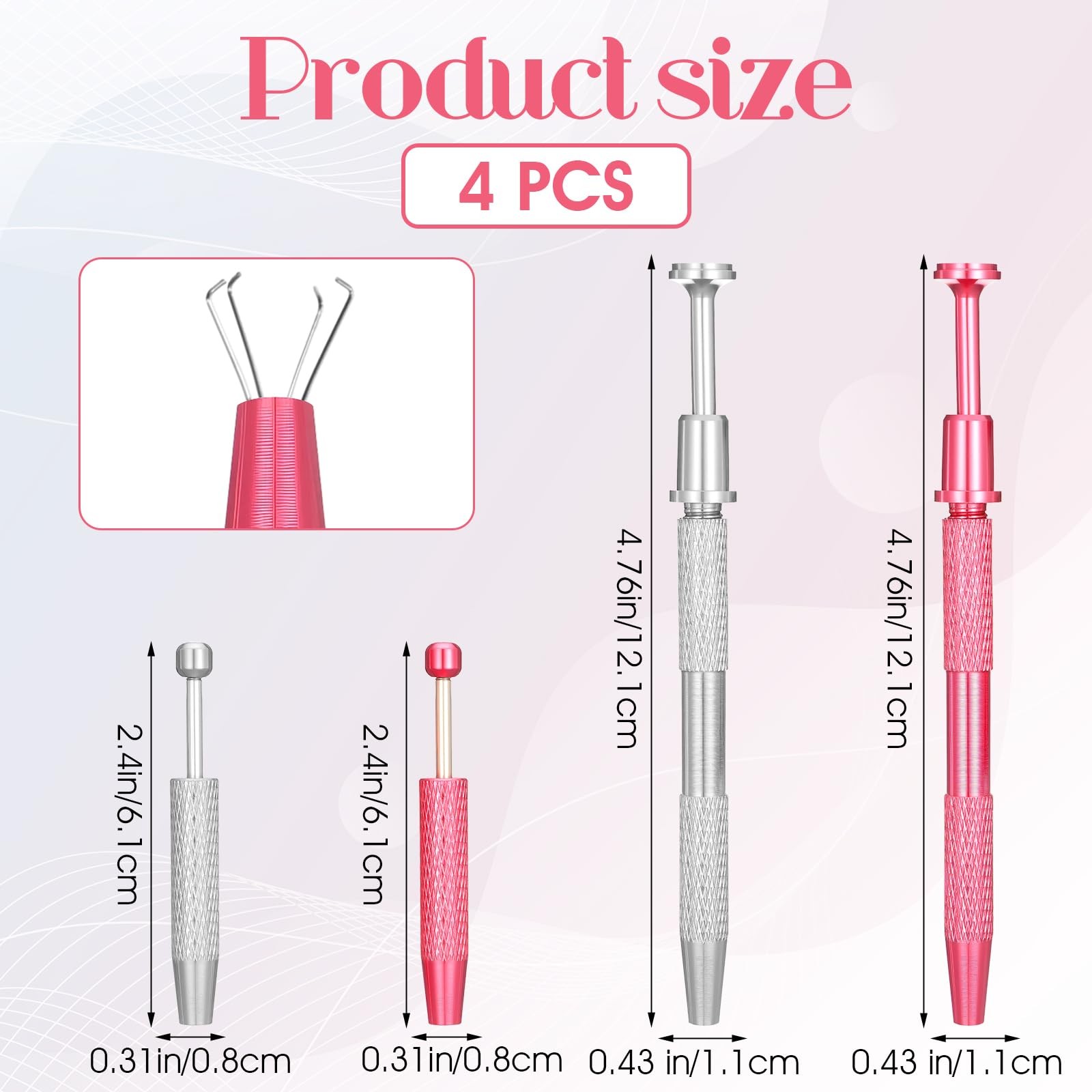 YBEATY 4 Pcs Jeweler's Pick Up Tool Stainless 2.4 × 0.31 × 0.31, Pink, Silver