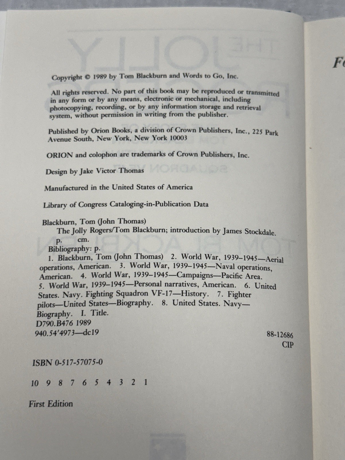 WW2 Signed Book Tom Blackburn Jolly Rogers 1st Edition 1989 Navy Squad VF-17