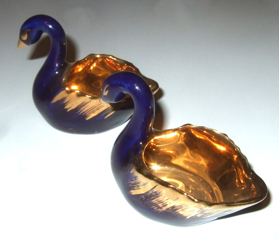 Limoges Swan Salt Dish Cobalt Blue and Gold Pair