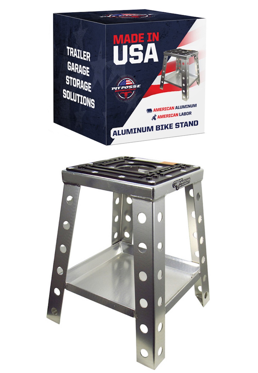Pit Posse Dirt Bike Stand USA Made Universal Motorcycle Lift & Tool Tray Silver