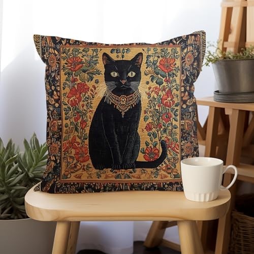 William Morris Abstract Vintage Black Cat Design Throw Pillow Cover Black Cat4