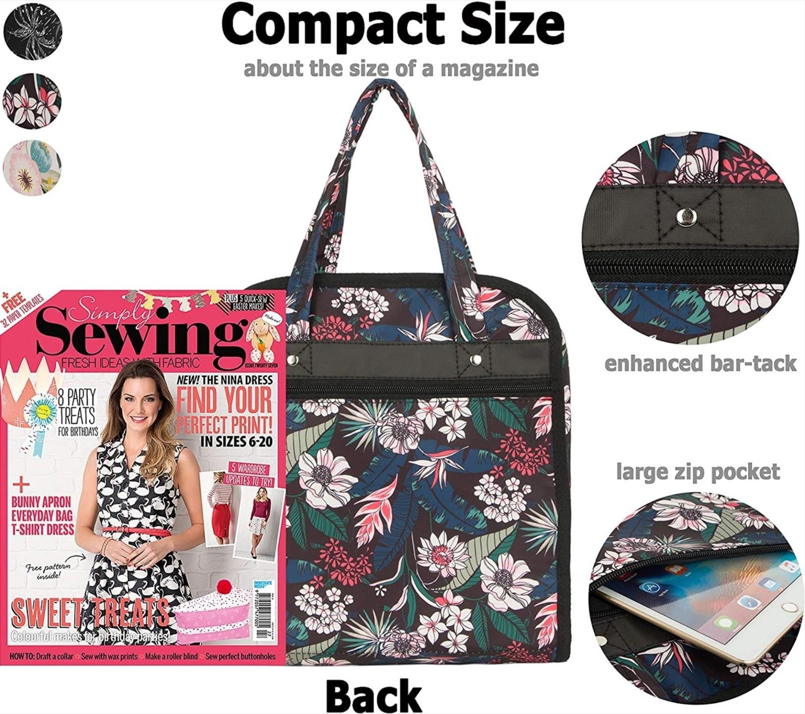 PACMAXI Craft Sewing Accessory Organizer Storage Bag Cross Stitch Flowers Black