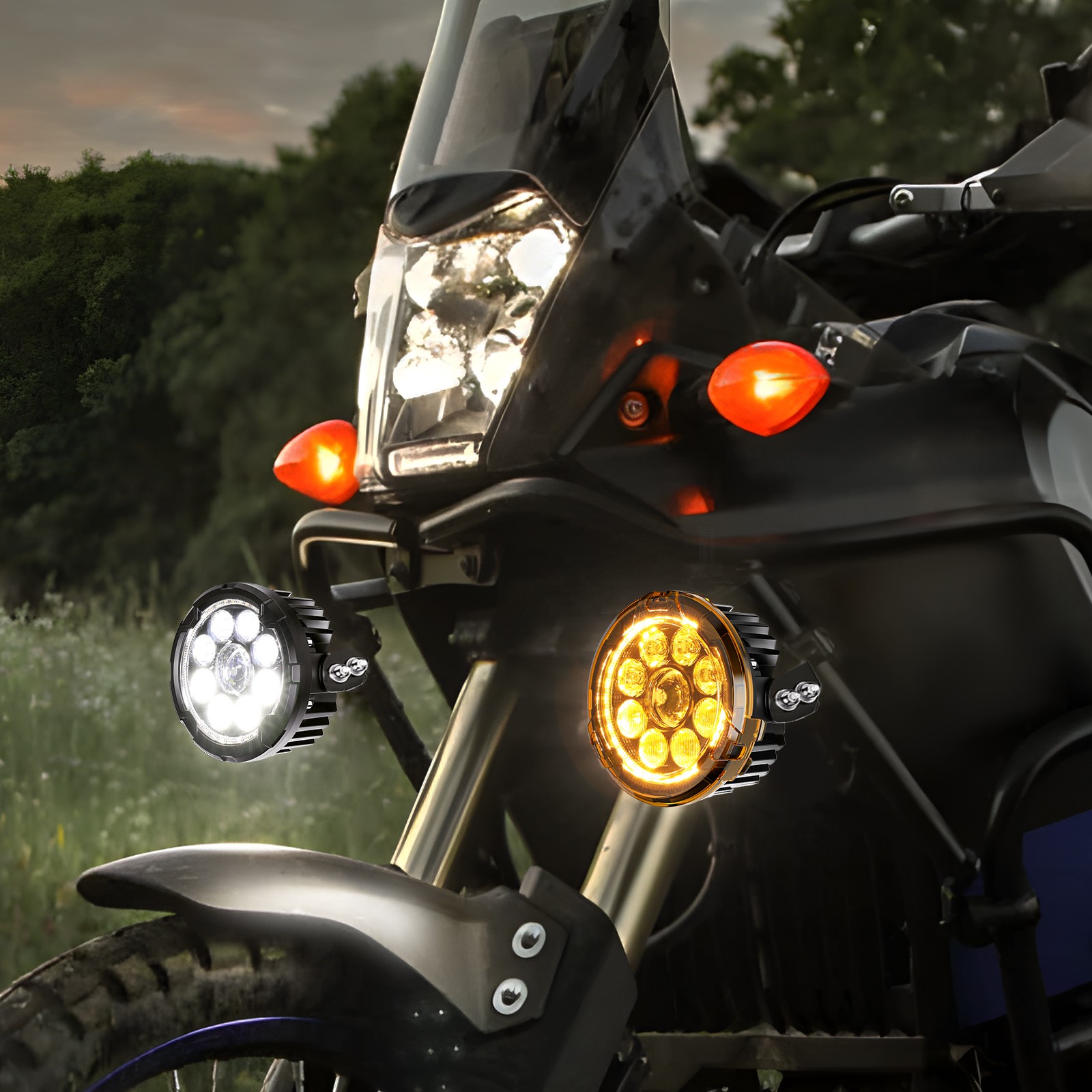 2x 140W LED Motorcycle Driving Fog Spot Light Auxiliary Lamp White+Amber w/Wire