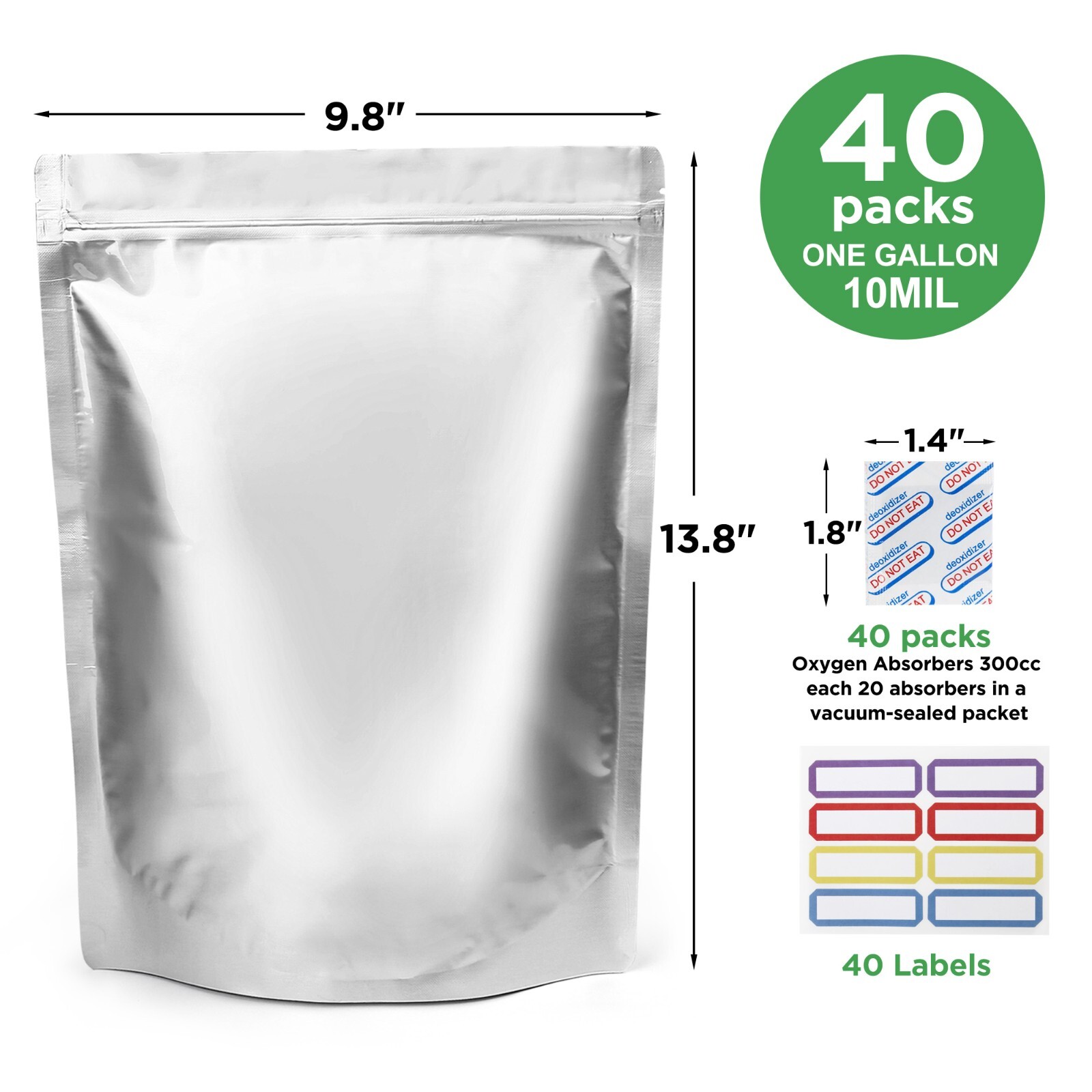 40pc Mylar Bags for Food Storage With Oxygen Absorbers Label Resealable 1 Gallon