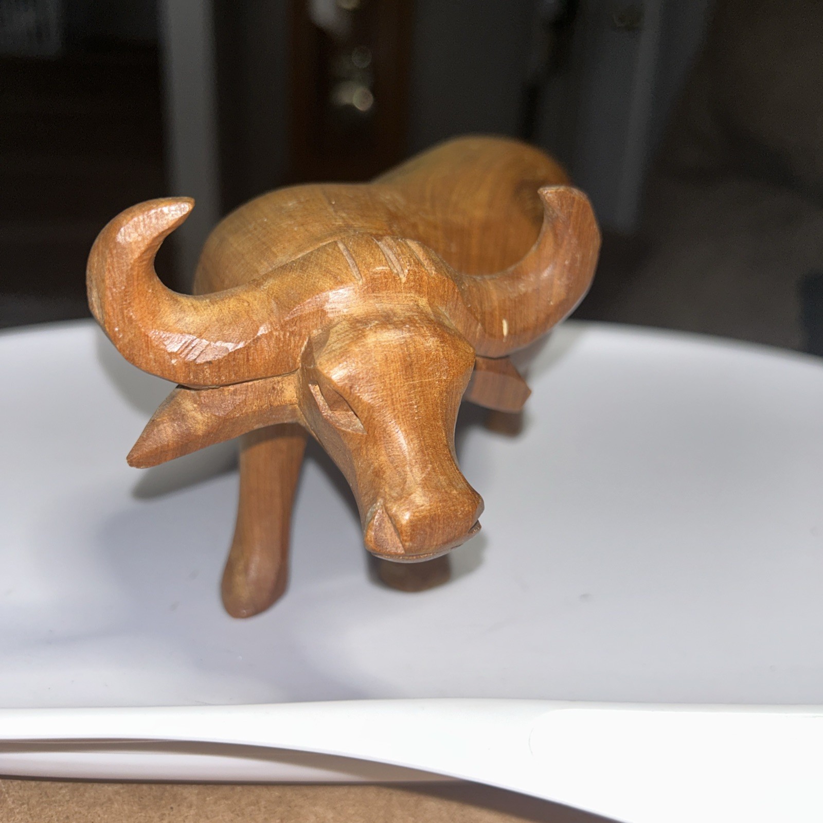 Hand Carved Solid Wood African Water Buffalo Sculpture Wooden Decor Figurine