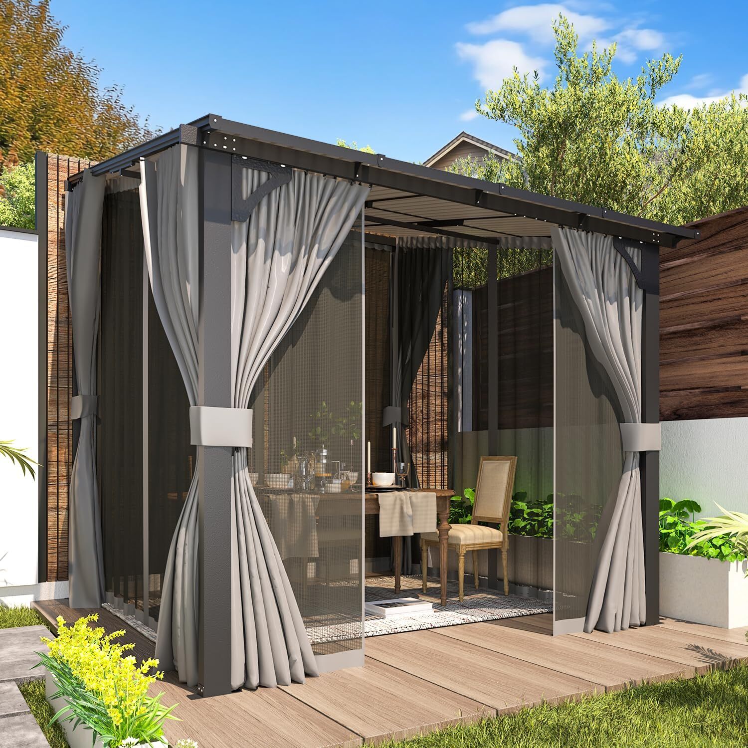 Gazebo for Patio, Wall-Mounted Lean to Pergola Gazebo with Curtains and Netting