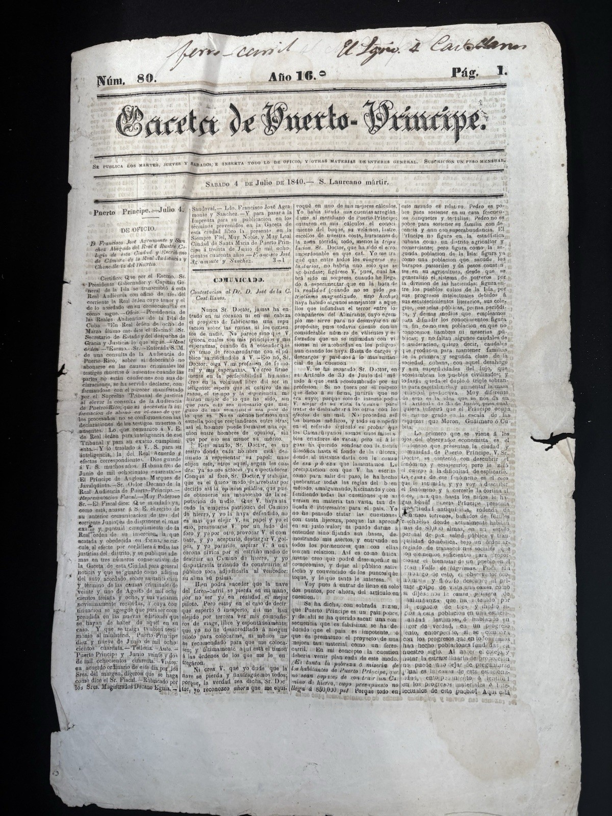 L@@K HAITI NEW 1840 “LA GACETA PUERTO PRÍNCIPE “