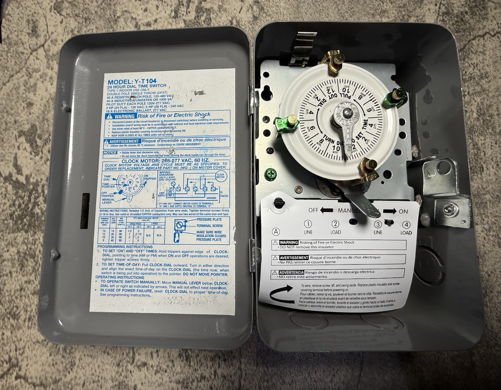 T104 Electromechanical Timer Switch, 40A Load Capacity, 1-12 Cycles Per Day