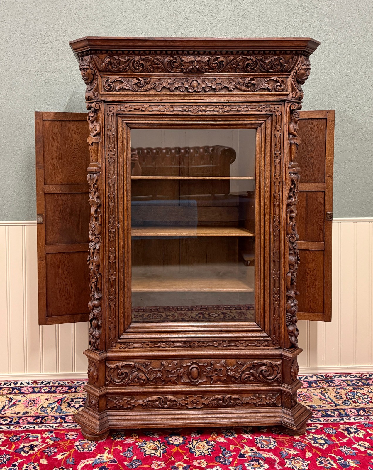 Antique French Renaissance Revival Bookcase Cabinet Side Doors Oak c. 1880s