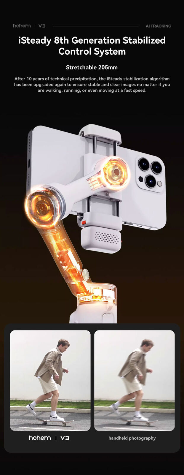 Hohem iSteady V3 3-Axis Gimbal Stabilizer AI-Face for iPhone 15 Samsung Huawei