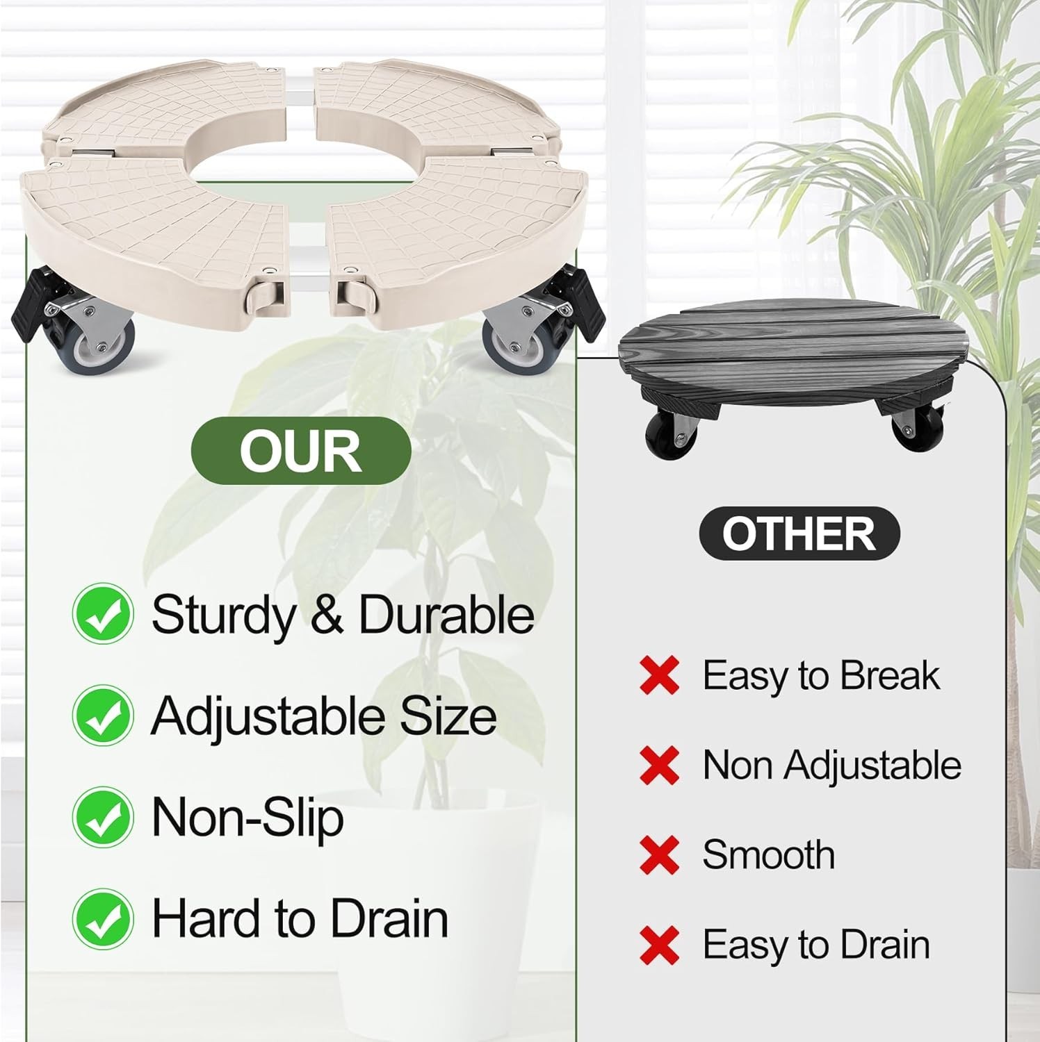 Plant Caddy Stand with 360° Wheels Adjustable 15-22 Inch Rolling Stand Heavy ...