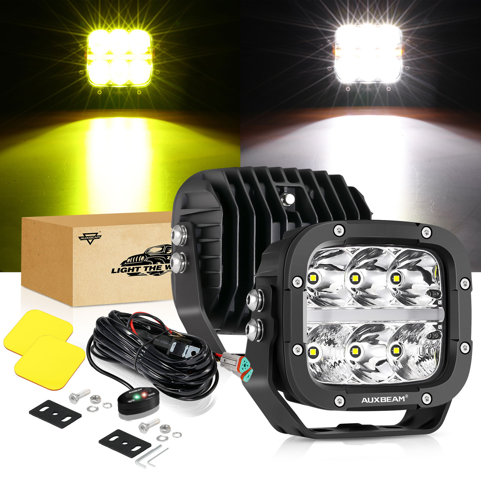 AUXBEAM 5" 132W 15600LM LED Driving Lights Pods Off Road Amber DRL+Black Covers