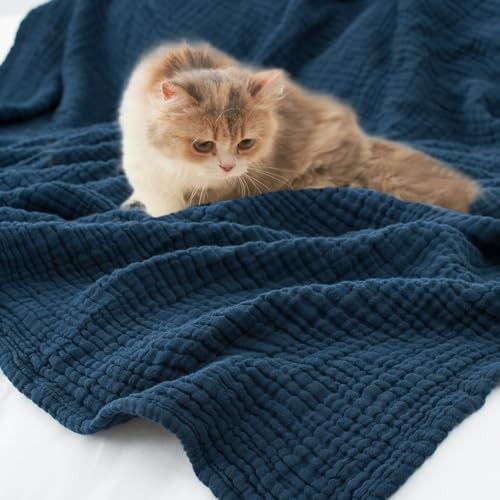100% Cotton Muslin Throw Blanket 90" X 90" Size，4-Layers Queen Navy Blue