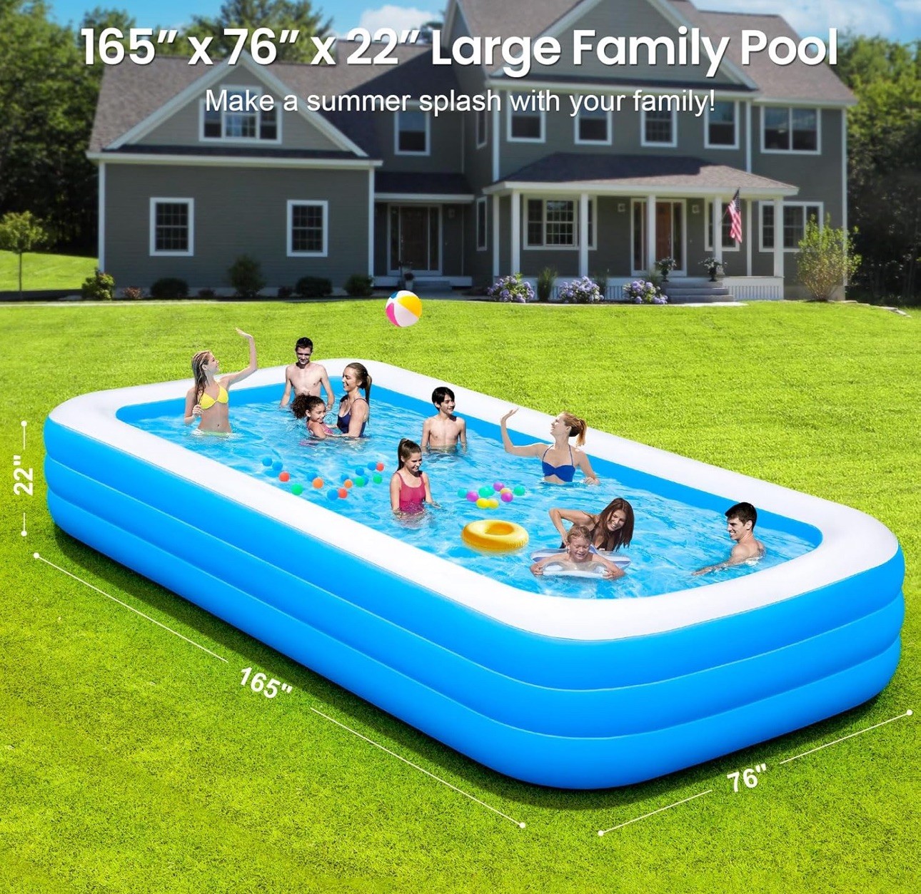 Large Inflatable Pool for Adults, 165'' x 76'' x 22'' Big Inflatable Swimming...