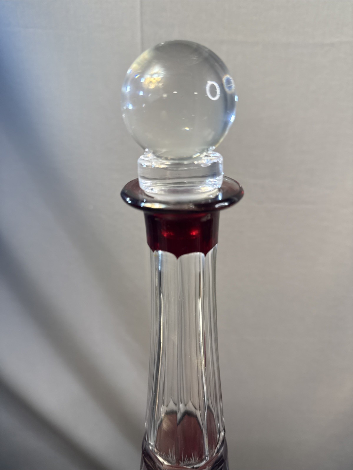 Vintage Bohemian Cranberry to Clear Cut Glass Crystal Decanter with Stopper