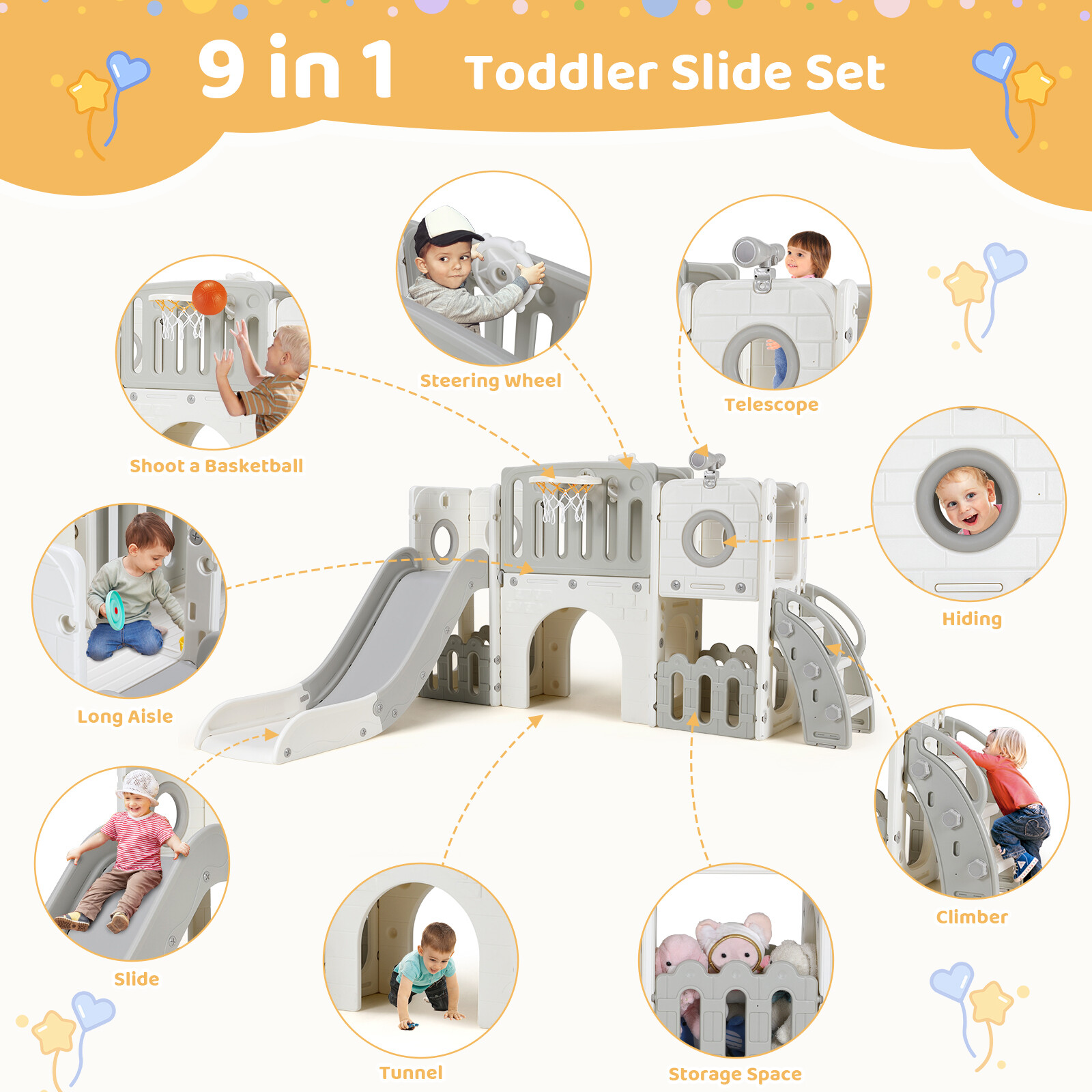 9 in 1 Toddler Slide Kids Climber Playset Indoor Outdoor Slide Playset for 3+