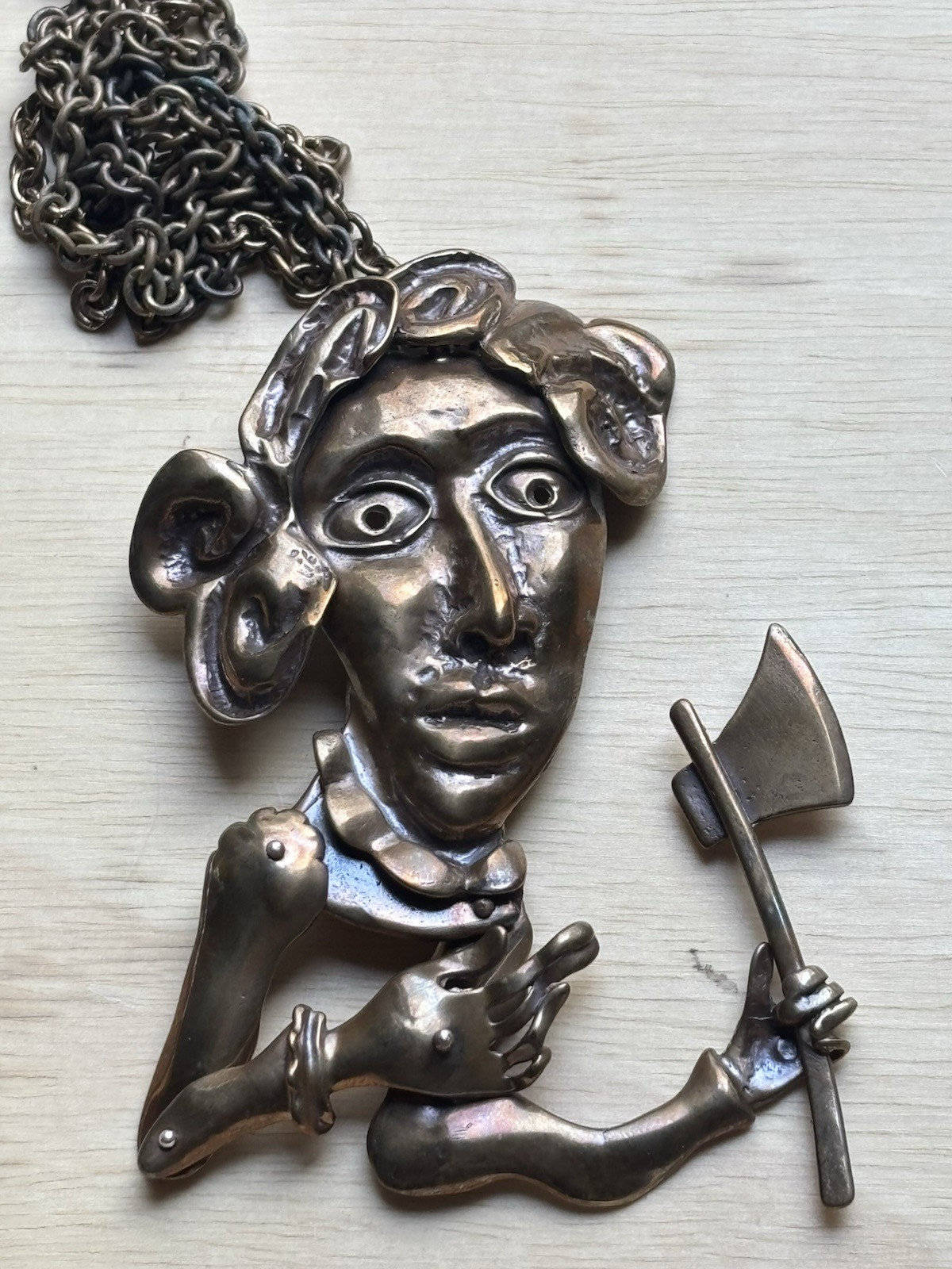 Boscarino Bronze Pendant Articulated Man Axe Artisan Necklace Tribal Signed VTG