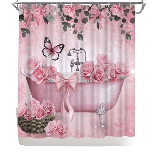 Bow Shower Curtain Rose Flower Butterfly Bathtub Painting Printed Cute Pink