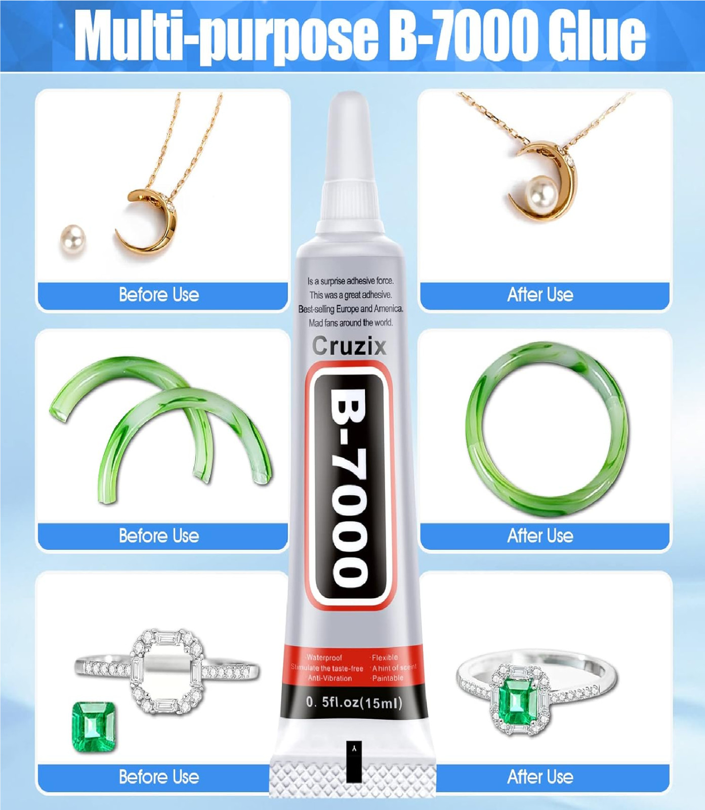 B-7000 Glue Clear for Rhinestone Crafts, Jewelry and Bead 4x15 ML/ 0.5 oz