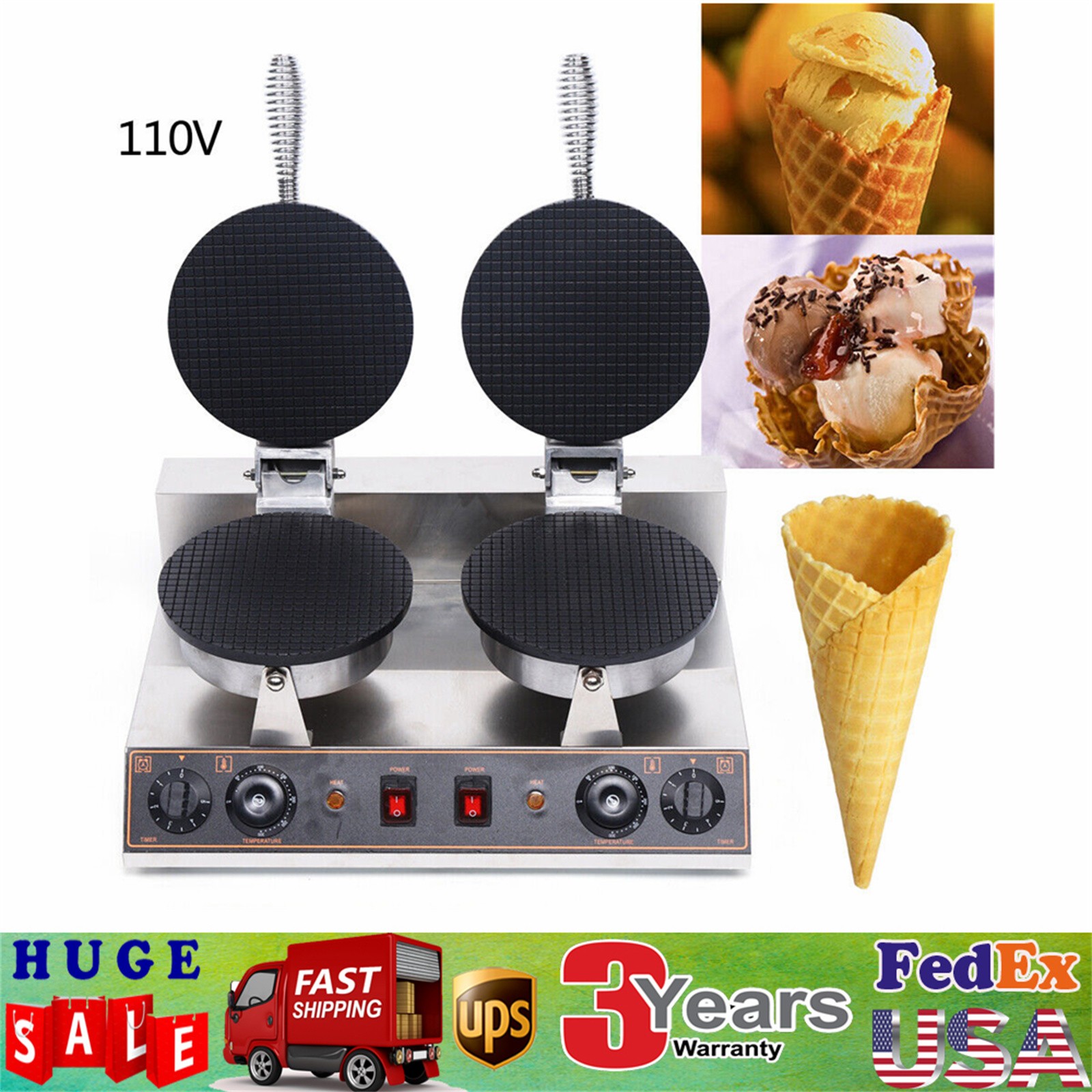 Commercial Waffle Cone Maker Nonstick Ice Cream Cone Electric Double Egg Roll US