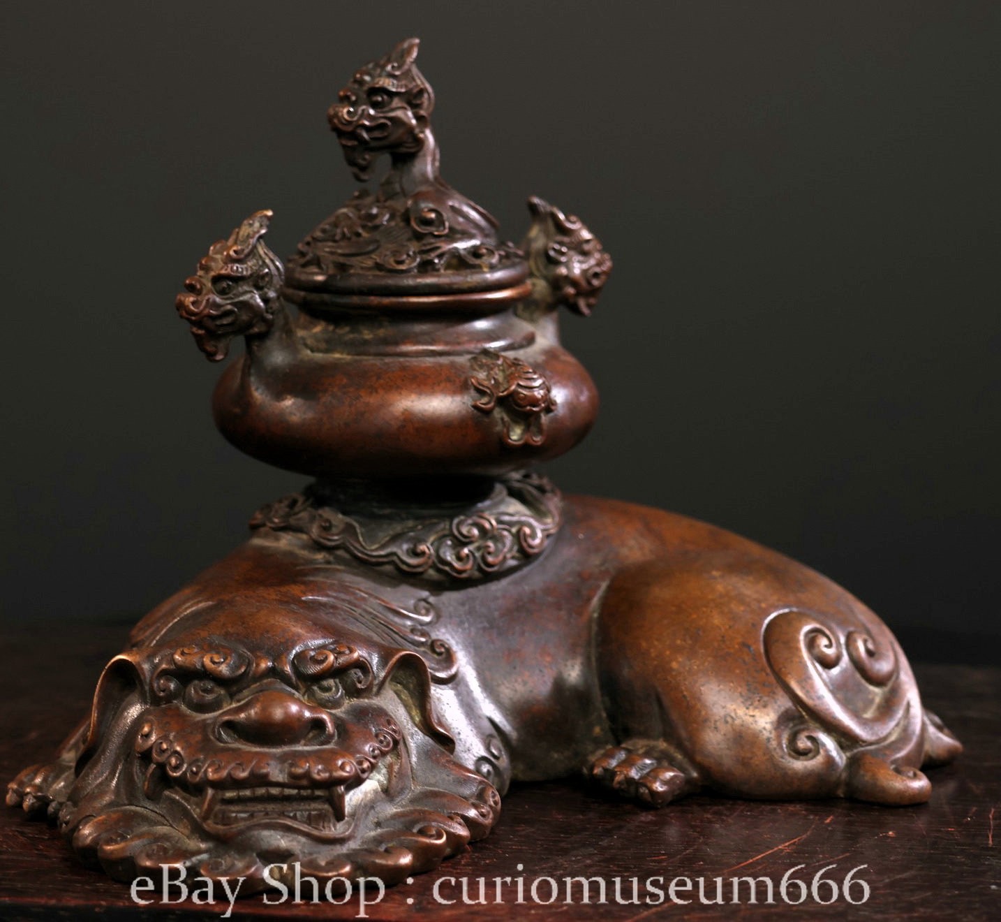 8" Old Chinese Purple Bronze Pixiu Brave Troops Beast Incense Burner Censer