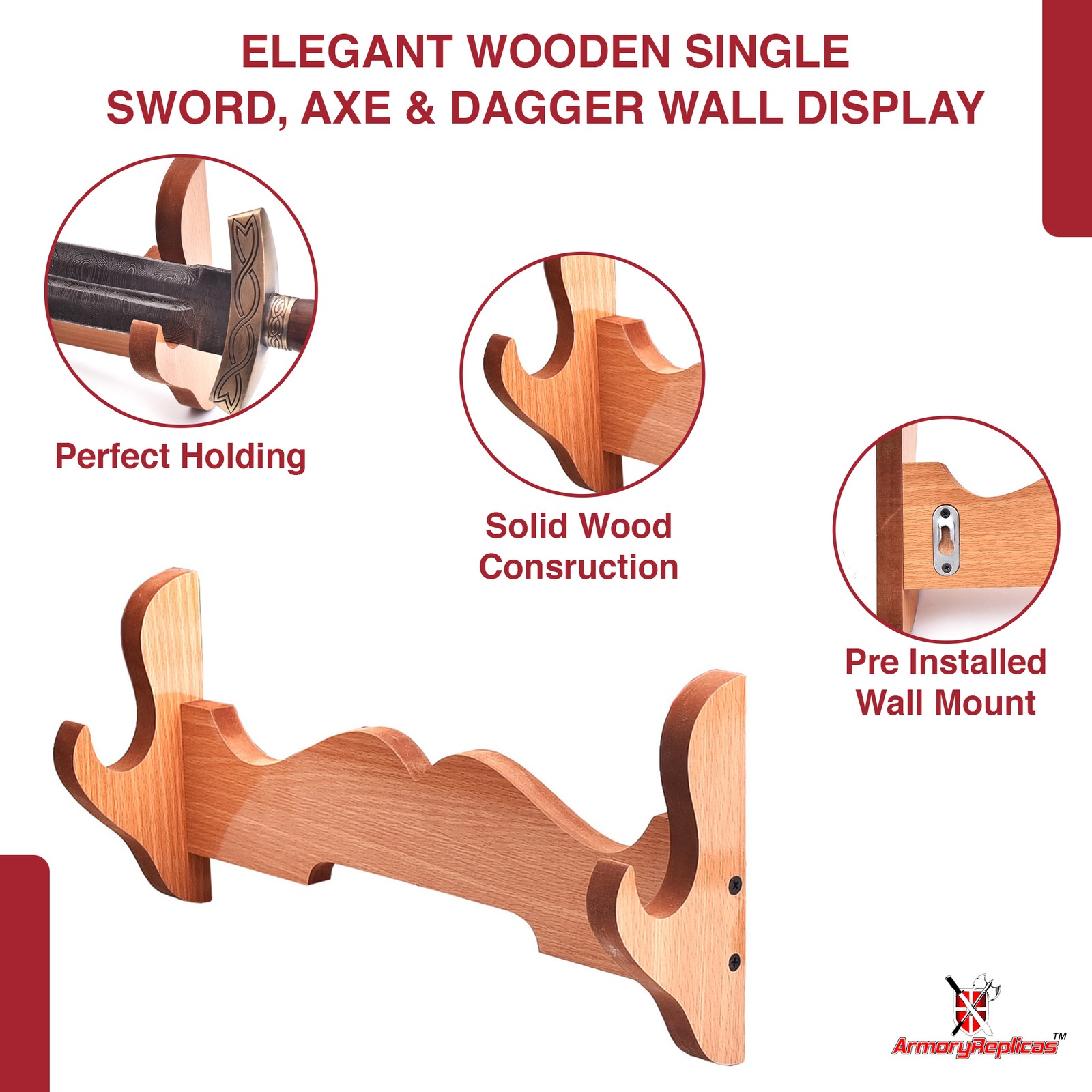 Viking Sword Rack Display Mount - Medieval Display Decor Hardwood Rack