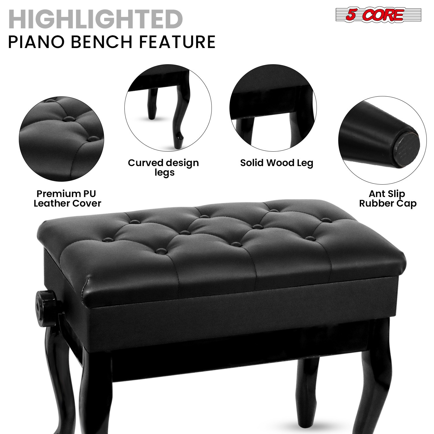 5 Core Piano Bench 3" Padded Cushioned Stool Wooden Heavy Duty Musician Chair