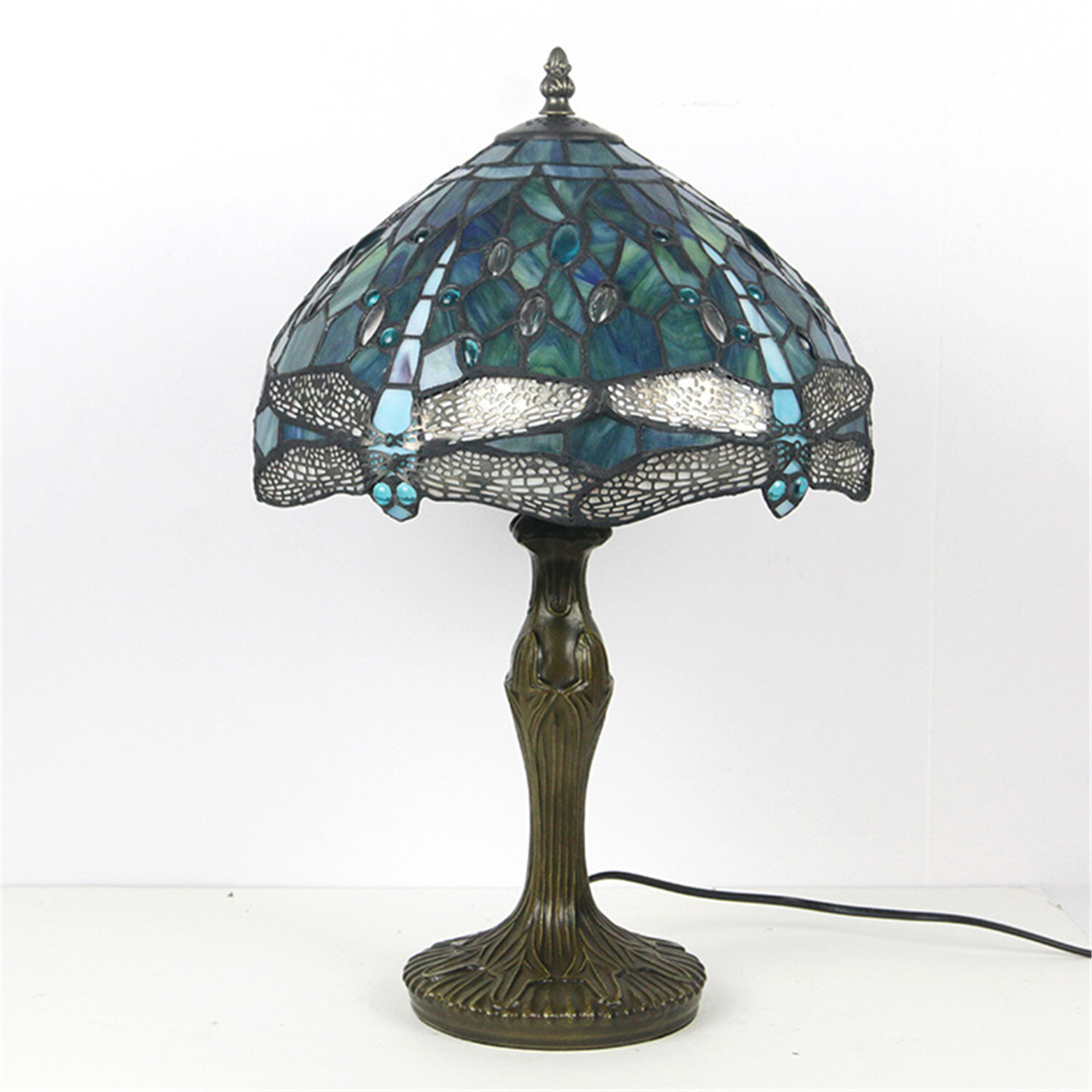 Dragonfly Style Tiffany Table Lamp Stained Glass Desk Light for Home Decor H 18"