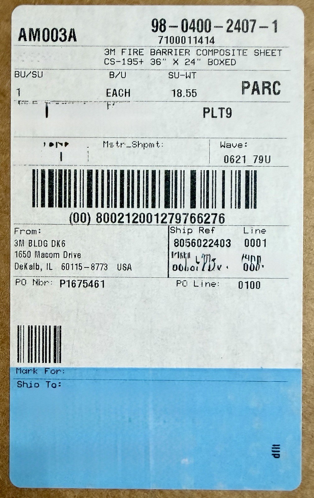 NEW 3M CS-195+ Fire Barrier Composite Sheet 36” X 24” #7100011414 - SHIPS FREE!!