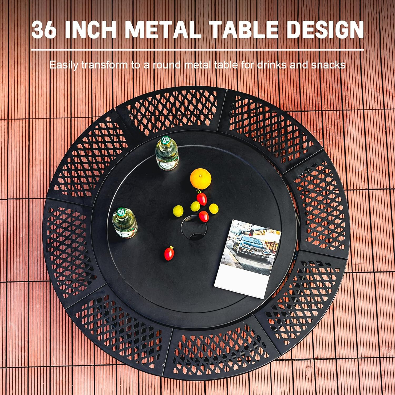 36 Inch Fire Pit with 2 Grills, Outdoor Wood Burning Firepit with Lid Metal Roun