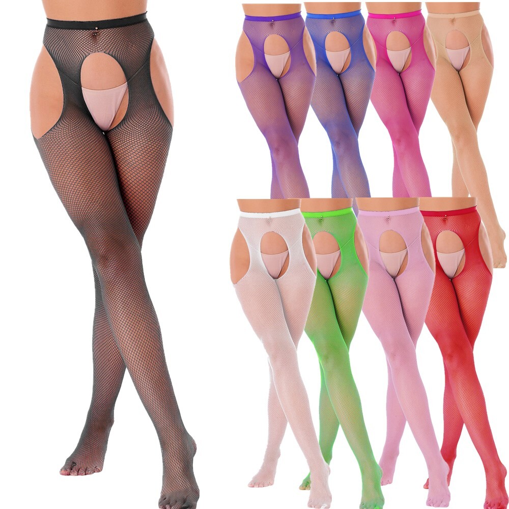 US Women Mid Waist Tights Fishnet Stockings Crotchless Thigh High Pantyhose
