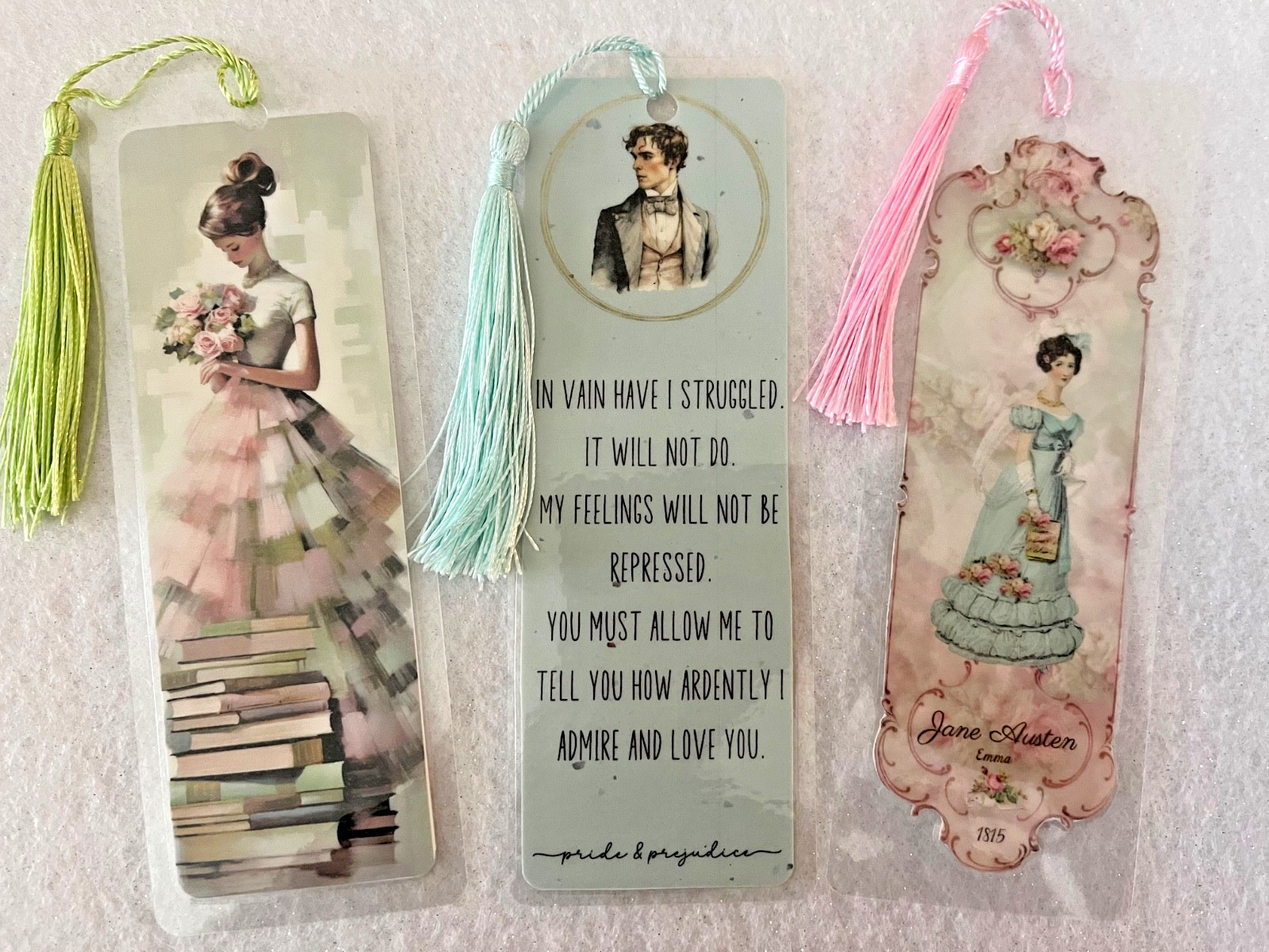 JANE AUSTEN TRIO LAMINATED WITH TASSELS HANDMADE BOOKMARKS