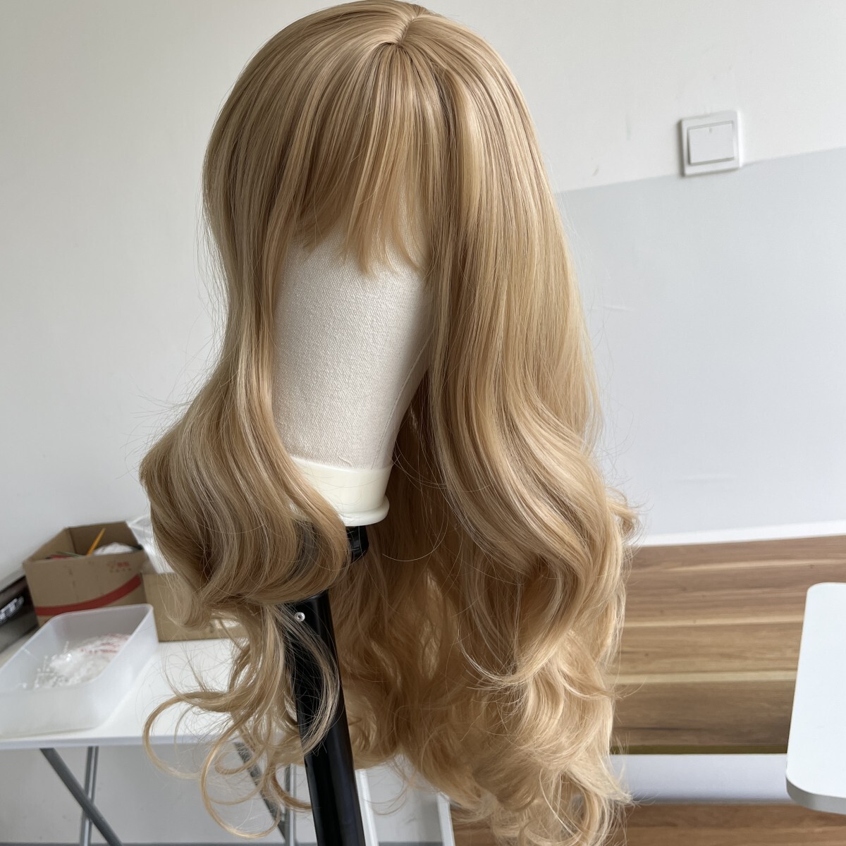 Soft Layered Honey blonde Dress Up Wigs With Bangs Long Wavy Heat Resistant Hair