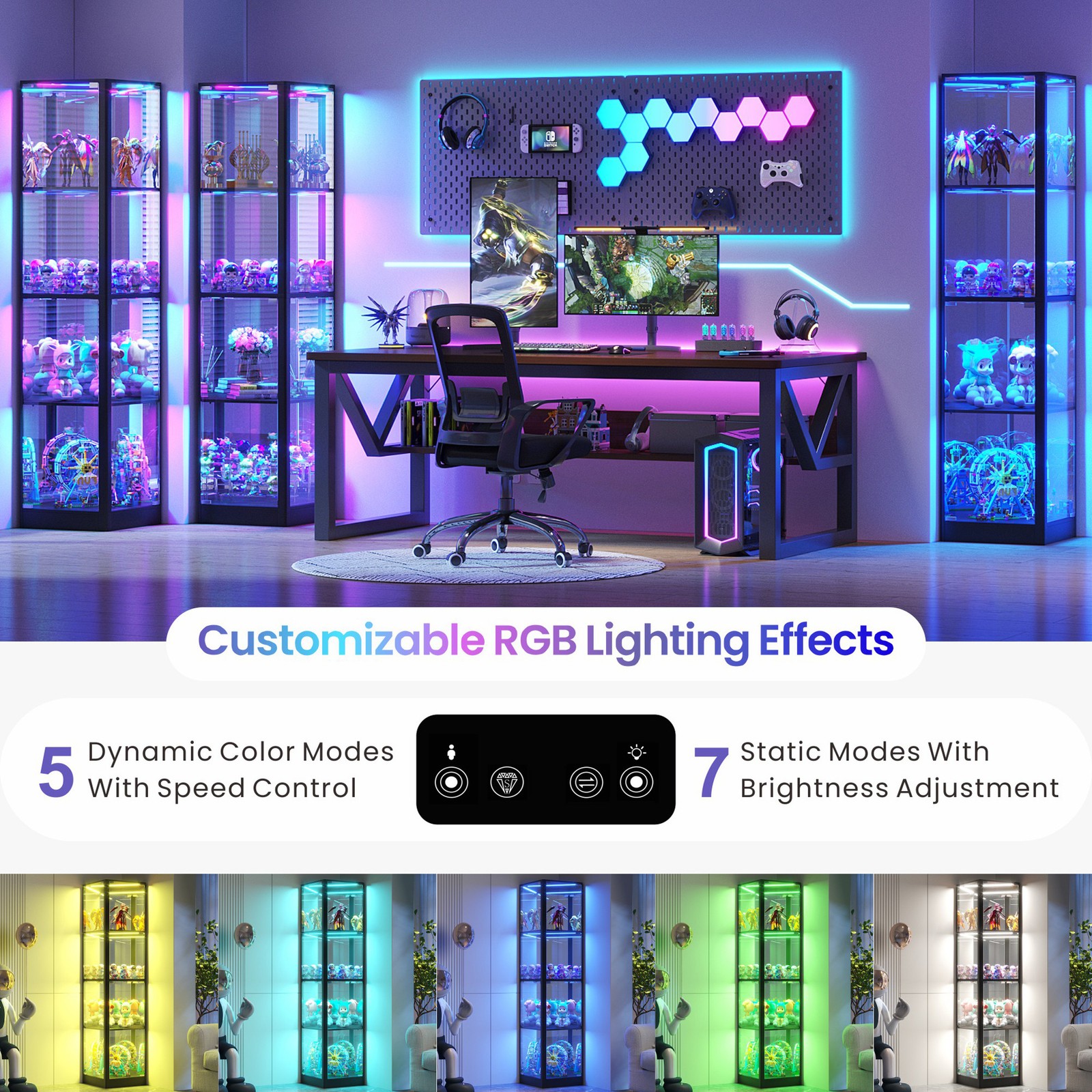 Gurexl Glass Curio Cabinet with RGB Lights, 4-Tier Display Case for Collectibles