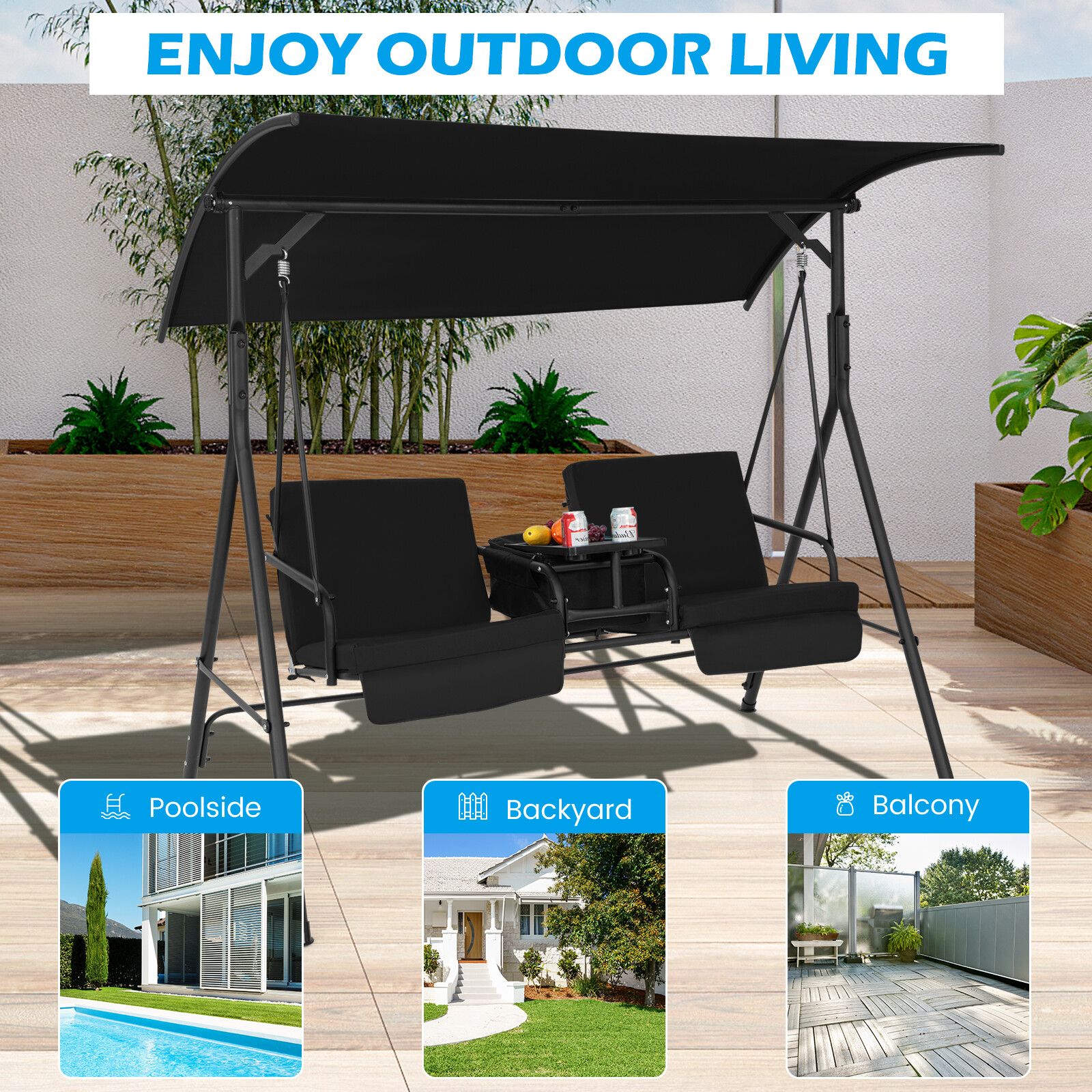 2-Person Porch Swing Chair with Adjustable Canopy & Removable Cushions Black