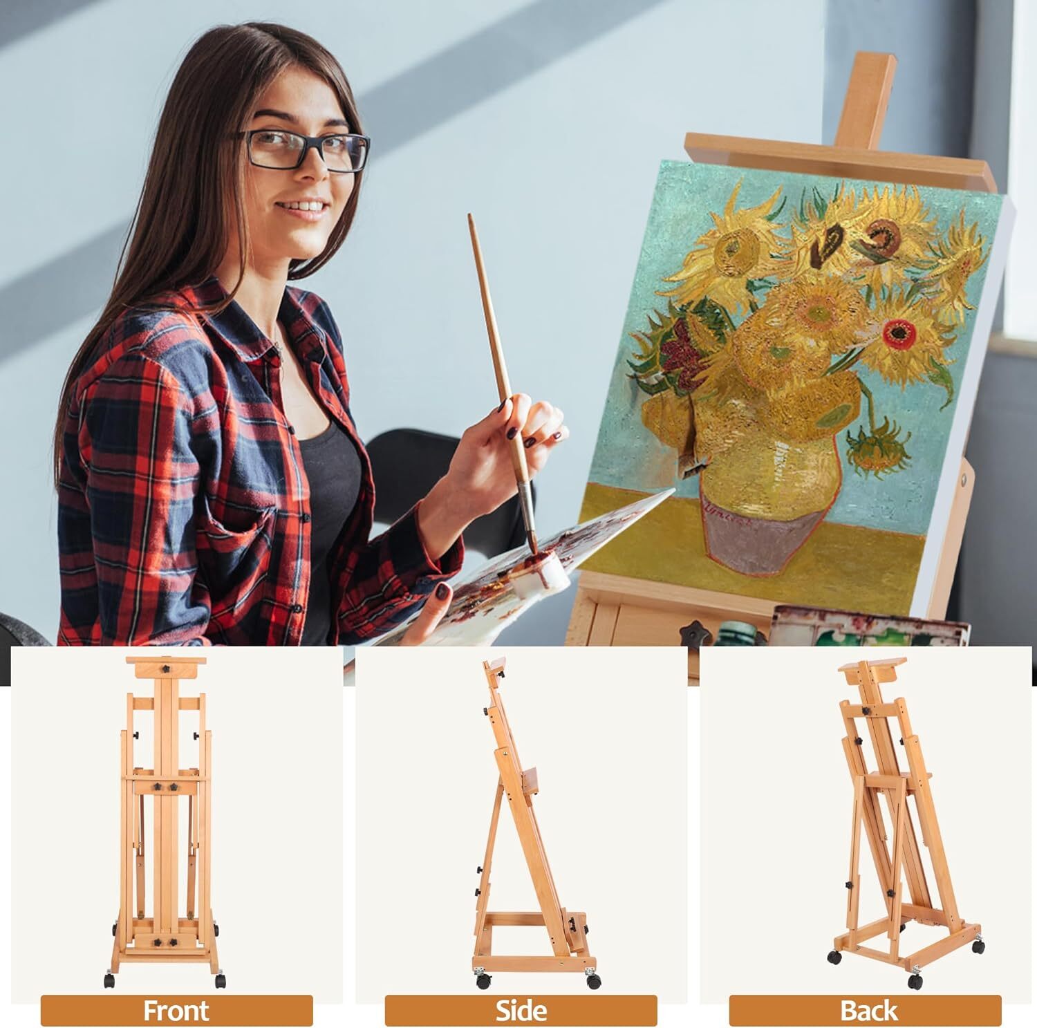 87 Inch Wood Studio Artist Easel Beech Wood Painting Art Easel Standing H-Frame