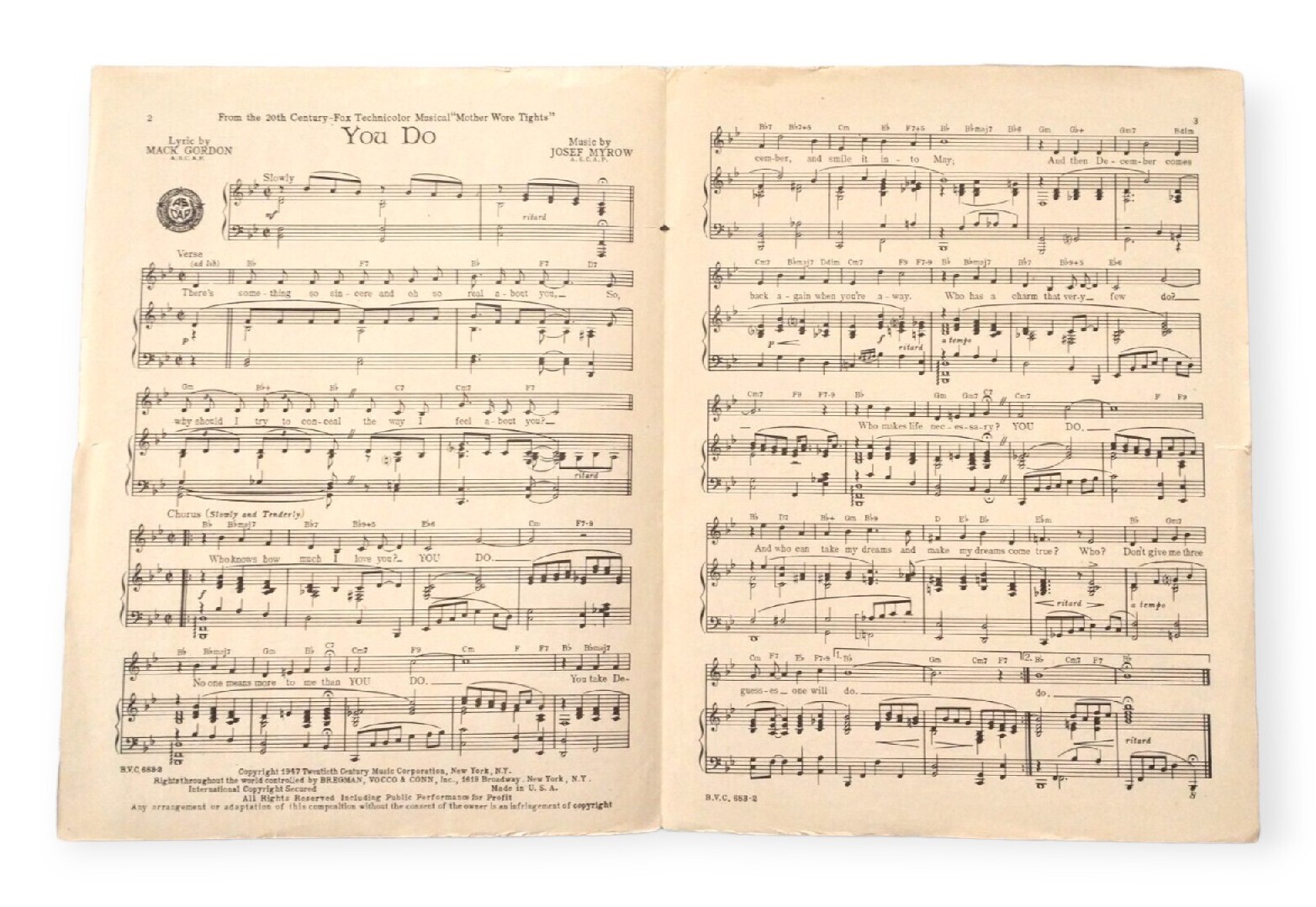 Mother Wore Tights: You Do Vintage Sheet Music for Piano 1947 BVC Inc.