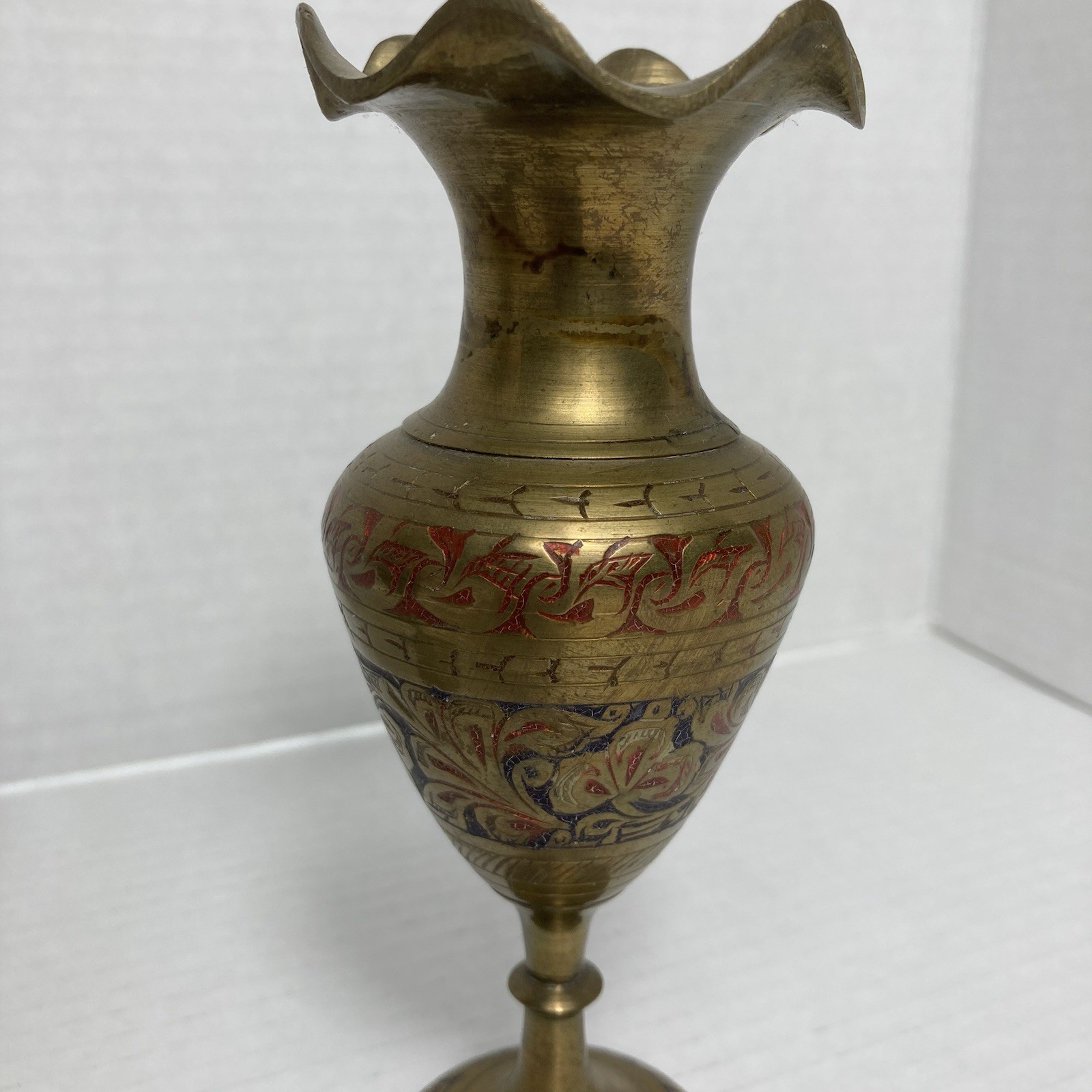 VTG Brass Etched Enameled Vases British India Scalloped Edge 6 In Art Deco MCM