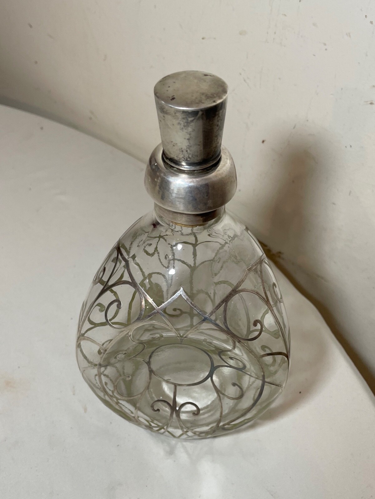 antique ornate sterling silver overlay glass liquor claret decanter bottle jar