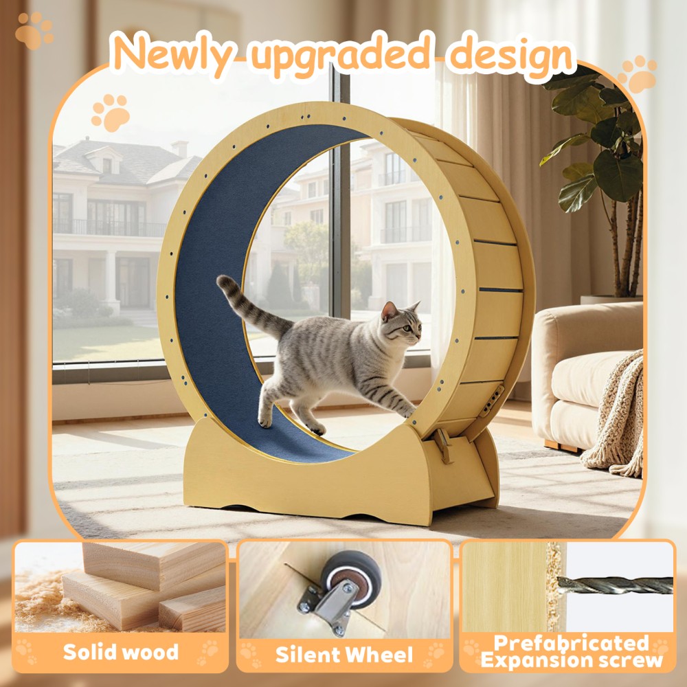 42" Cat Exercise Wheel - Solid Wood Treadmill with Detachable Carpet for Cats