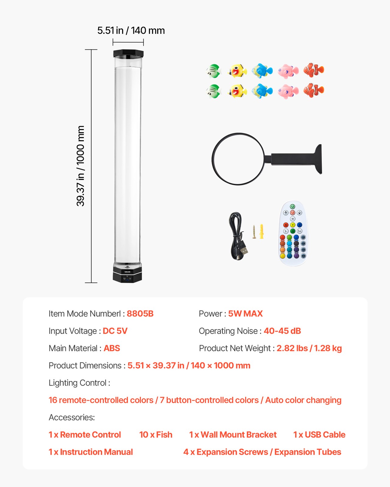 VEVOR Bubble Tube Lamp 16 Color 3.3 ft Sensory Aquarium Lamp for Relief Calming