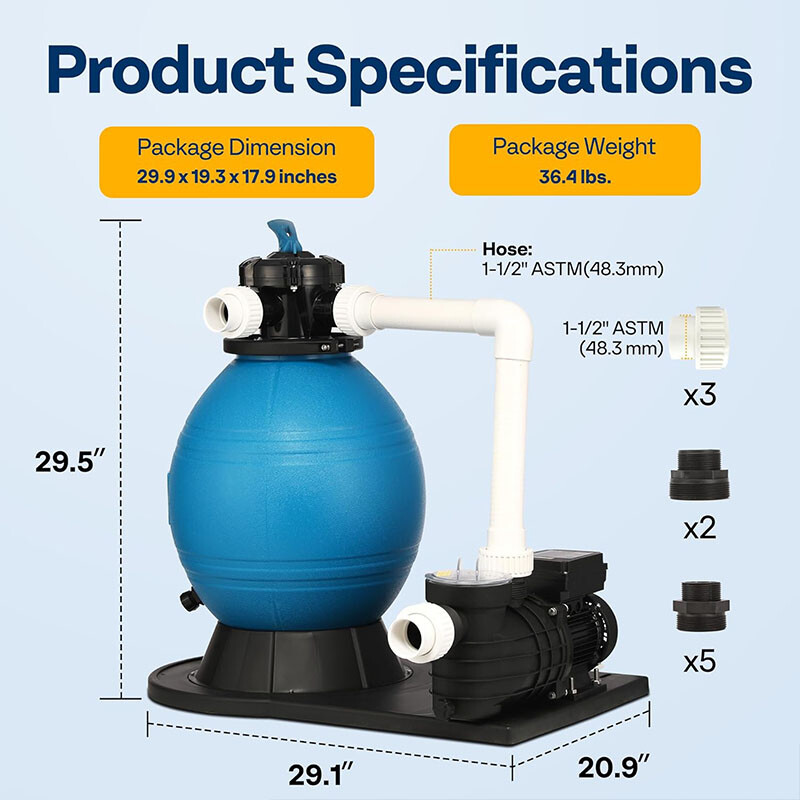 16" Sand Filter Pump 3168GPH Timer 6‑Way Valve 90 lb Pool Pump Above & In‑Ground